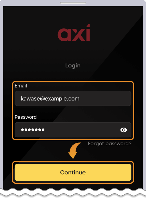 メールアドレスとパスワードを入力してAxi公式アプリからログインする