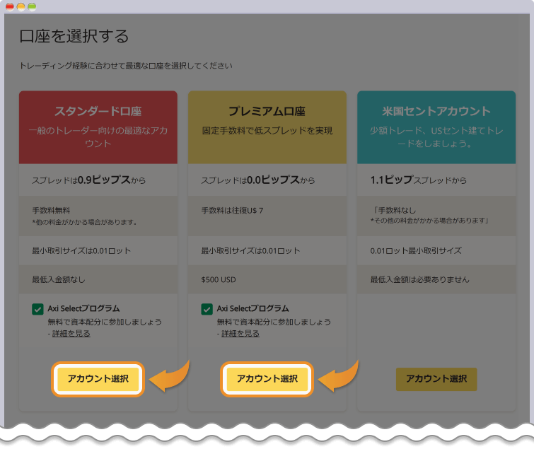 Axiに開設する口座タイプを選択する