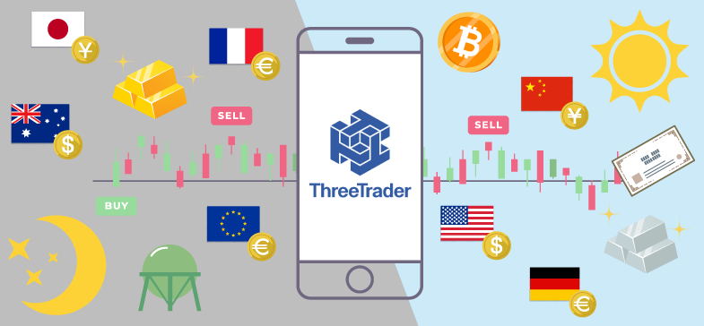 ThreeTraderのロゴと取引可能な銘柄のイメージ