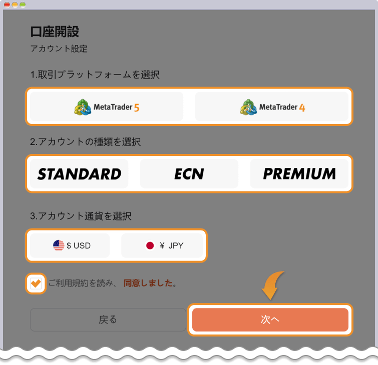 解説する口座の設定を入力して規約を確認して次へ進む